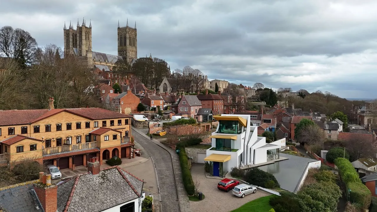 Aerial view of Lincoln with historic and modern commercial buildings