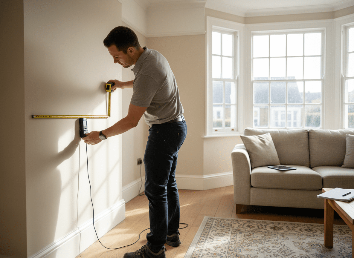 Surveyor checking damp levels on internal wall using moisture meter