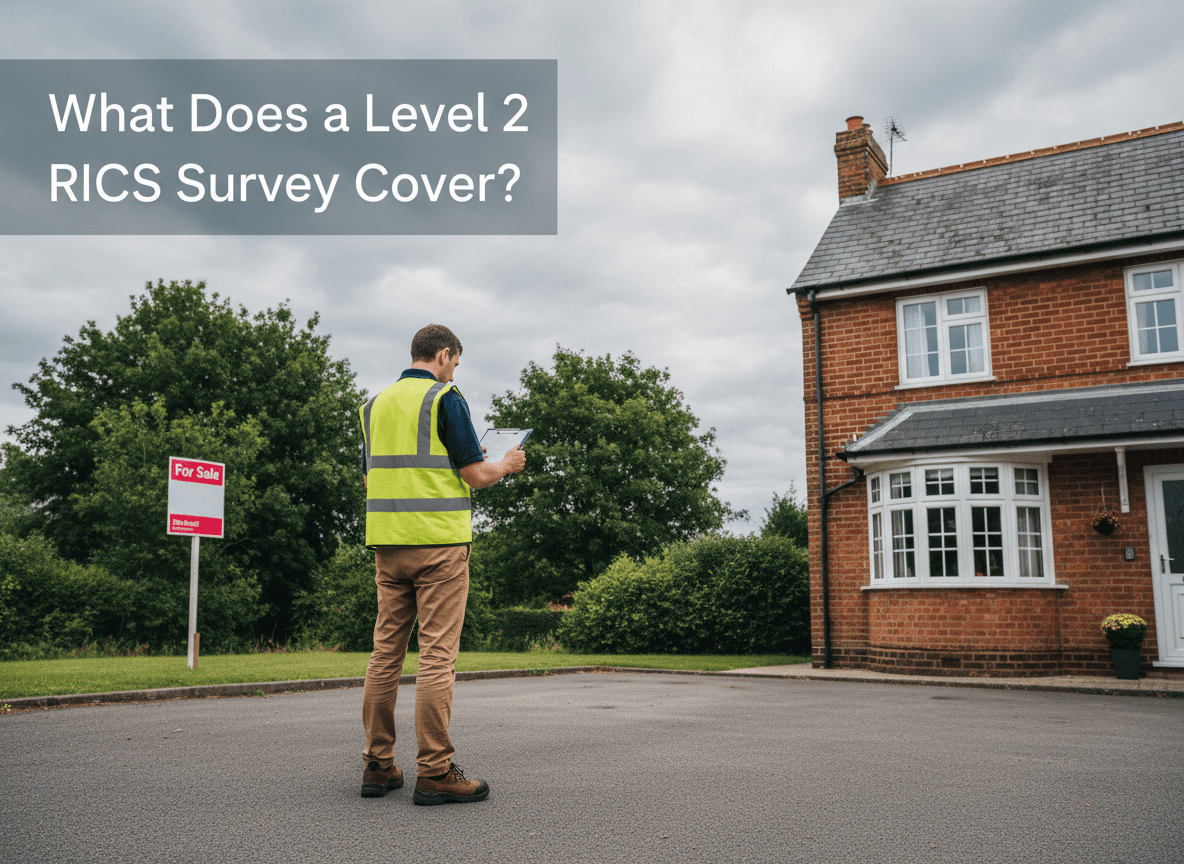 RICS surveyor standing outside residential property during inspection