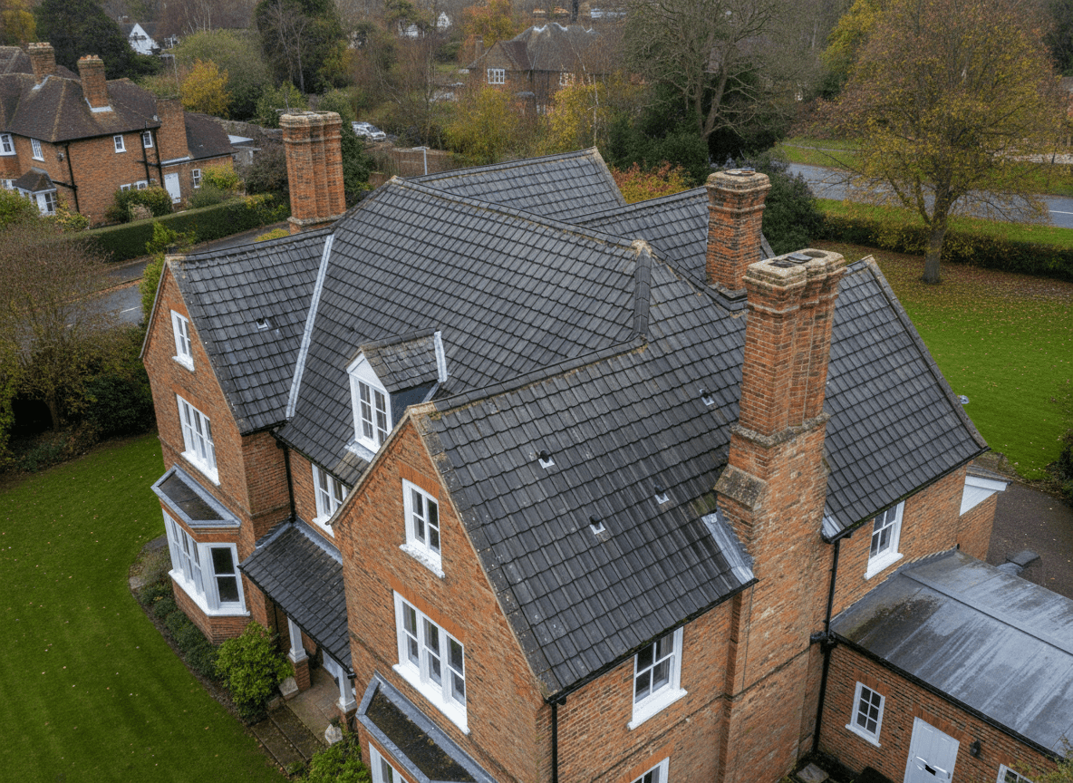 Drone aerial view of a commercial building roof